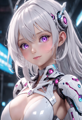 Hyper-realistic?Live-action photo?Stunning beauty?half-body shots?One wearing a pink metal mechanical skirt on a solid background?Silver-white shawl haired woman, 3 D rendering character art 8 K, Cyborg - Girl with white hair, beautiful female android!, beautiful female android, perfect android girl, beautiful android woman, smooth digital concept art, smooth 3d cg render,, sci - fi character, Beautiful robot character design?ssmile?largeeyes?The upper part of the body?cute delicate face, Extremely beautiful face, beautiful delicate face, Stunning anime face portrait, beautiful aesthetic face, Detailed beautiful face, girl cute-fine face, Realistic beautiful face, Beautiful realistic face, beautiful and realistic faces, girl with white eyes?Right shoulders?Blue has God's eyes?Ultra-delicate smooth skin?Asian face shape?Girl futuristic white and pink shiny metallic silver white long dress?Smile without showing your teeth?ssmile???????Purple pupils?largeeyes?Clear strands of hair?Show your upper body?Elongated arms?White skin of the?True ambient colors?20 years old young face?The eyes are crystal clear?Shorten the interpupillary distance?smiling at her lips?Happy expression?purple eyeshadow?Straight nose?rosy lips?Complete facial features?18-year-old girl?Erotic smile?A full-face photo of the front of the face?Bright surroundings?Dress conservatively?Smooth�skin?Shawl hair