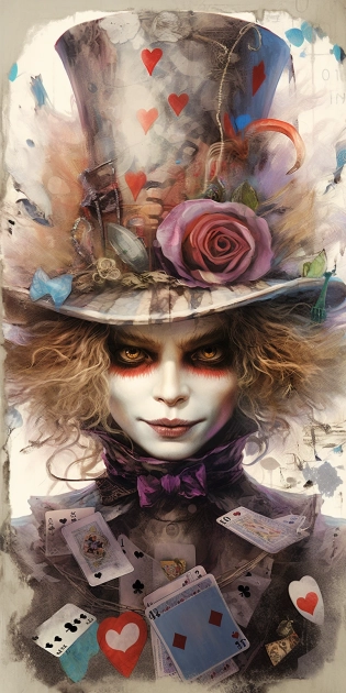 alice in wonderland, mad hatter the magician in a tarot card, highly detailed, half skull face, cinematic, 8 k, style by stanley artgermm, tom bagshaw, carne griffiths, hyper detailed, full of colour