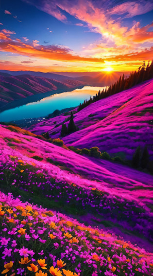 There is a beautiful sunset, the hillside is covered with flowers and plants, the flowers are up close, the colorful sky, the surreal colors, the colorful sunsets, the colorful sky, the marvelous sky reflection, the amazing sky, the fantastic atmosphere 8K, the colorful clouds, the color reflection on the lake, the surreal sky, the red and blue reflection, the fire reflection, the beautiful sky, the beautiful and spectacular dusk, the beautiful dream landscape, the amazing sky