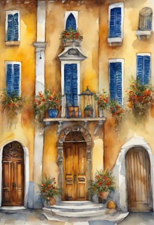 Capela amarela com porta azul aquarela sobre textura