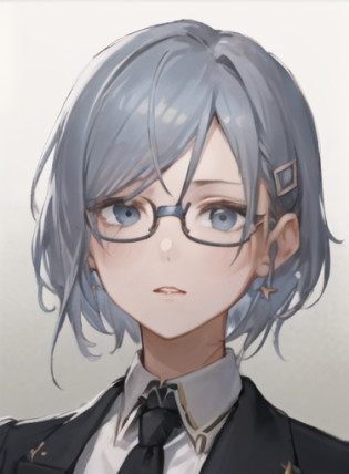 portrait, 1girl, medium breasts, semi-rimless eyewear, short hair, white hair, messy hair, bangs, blue eyes, blue-framed eyewear, hairclip, business suit, gradient background, full face, solo, highres, highly detailed, (intricate details, hyperdetailed, muted color:1.0, rim light)