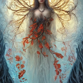 breathtaking detailed concept art , Savinio maser painter, of a beautiful lady with anxious, piercing eyes, ornate background, amalgamation of leaves and flowers, extremely moody lighting, 8 k, fire mage, floating, white lace robe, red accents, delicate features. character design, close up portrait. intricate jewelry, gemstones, ruby, gold. volumetric lighting, intricate detail. --ar 12:24 --chaos 35 --uplight