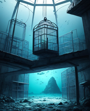 deep blue seabed, square cage, prison, horror, horror, horror, 8k, rich detail, sci-fi landscape, sci-fi landscape, sci-fi landscape, sci-fi fantasy desktop wallpaper,