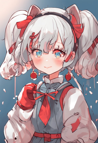 Style drawing of girl with red knots on her ears, ?cyanhair?Cute face?A shy and flustered expression?Be red in the face?small curvaceous loli, Soft anime illustration, Splash art anime Loli, Loli, Cyan hair, lovely art style, offcial art, small loli girl, Anime moe art style, Ribbons, zerochan art, and the sun was shining brightly?Light and shadow in detail?Hairy lynx ears?One small foot wears white socks?Shy eyes?There is a fluffy lynx tail