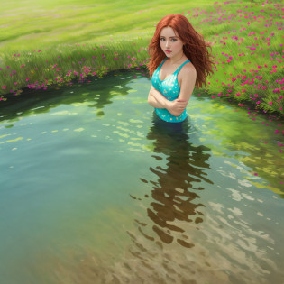 A prize winning AI generated splash paint upper body portrait of a wild-haired Waterhouse beauty wearing a colourful modest swimsuit; she has beautiful eyes and a beautiful mouth and milky skin; she is posing with her hands behind her head on a white beach, wearing a colourful modest swimsuit; she has spectacular long red hair blowing in the breeze; backlit, watercolor, bold pastel colours, wet on wet, speed paint, soft and gentle, powerful splash effect, drip effect, Dee Nickerson, no artefacts on face, clear skin, no marks on face, realistic hair, eyes both focussed on the same place, big beautiful eyes exactly the same size, both pupils perfectly round, one head only,