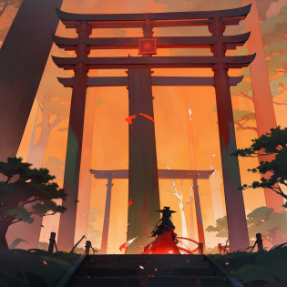 In the darkness of night?Reddish torii gates stand side by side?Behind it is a dark green tree?Spread?The red torii gate glows colorfully?The figure is the most fantastic and mystic?The scent of flowers wafts in the air from afar?Beautiful like the highest quality landscape paintings?Scenery that draws in the heart spreads out?