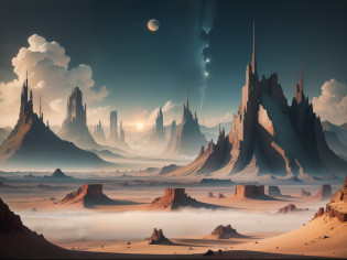(analogue style), Apocalyptic style wide angle, Sci-fi futuristic landscape, ((Futuristic city in the distance)), (Barren landscape of mountains similar to Mars), (2 moons in the sky), Beautiful clouds, haze:0.15, epic landscapes, (Cinematic), voluminetric lighting, Subsurface scattering, Subtle shadows, Good highlights, well-composed, Beautiful colors, Dramatic, Intricate, Detailed, Perfect lighting, Perfect shading, voluminetric lighting, (Highest quality, Award-Awarded, Masterpiece:1.3), (science fiction poster), (Photorealistic:1.7), (Realistic:1.5), (Orange & blues), landscape,