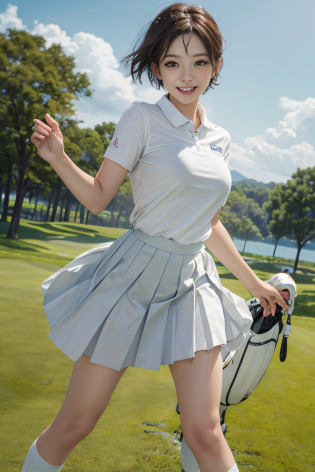 ?Smile full of happiness?((nearly naked:1.3))?nearly naked??lawn?Sweating?is standing?short-hair?eye glass?1girll?Golf Player?face perfect?crisp breasts, Convex buttocks,White Sport Short Sleeve?Short white pleated skirt?White sport socks?White shoes?Hair is short?a wet body?Swing a golf club?golf course?Sunnyday?Clouds? Detailed background, Clothing Details, Perfectly proportioned, film grains, Fuji colors, lightand shade contrast, tmasterpiece, high detal, high quarity, hight resolution, Cinematic lighting, 8K, Textured skin, Super Detail