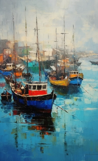 boukaabka port, blue fishing boats a city scene, in the style of the snapshot aesthetic, claude monet, impressionism, authentic details, lively coastal landscapes --ar 160:263