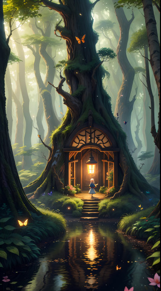 There are many butterflies flying around a small lantern in the woods, magical forest back wheel, magical forest with fireflies, glowing butterflies, there is a little girl walking on the water, little girl in the middle of the picture, anime lush John 8K forest, magical fantasy forest, magic fairy forest, beautiful art UHD 4 K, charming magic fantasy forest, magical forest background, magical forest, 4K highly detailed digital art, magical environment, background artwork