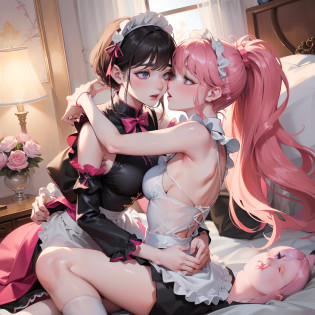 top-quality?photoRealstic?in 8K?brightly lit room?on the beds?Girls kissing happily?Intertwining tongues?The best kiss?The cutest girl?Gorgeous cheongsam?kawaii hair style?Hair fluttering in the wind?The most erotic faces?The best smile????Beautiful style?Erotic look?Facial expressions inviting a man?Precise hand shape?accurate fingers?Pink maid clothes, emphasis on the buttocks, top-quality, hight resolution, in 8K?twogirls, Two girls hugging each other and making love?Girls kissing each other?puss?(??), Colossal tits?tag, Sunlight shines, Maid clothes that adhere to the skin, (Pink maid outfit trimmed with lace:1.5, Transparent pink maid clothes:1.5, Sleeveless Made Clothes:1.5, ? Maid clothes to emphasize:1.5), Maid clothes with little fabric, Maid clothing designed to emphasize the view of cleavage, gargantilha, Cute Choker, Open chest, Fluttering chest, ??, Big,Detached sleeves? Precision-shaped palm, a gorgeous, (long), Beautiful black hair, Beautiful, Beautiful white skin, Blue eyes, (dynamicposes:0.8), Soft lighting?shinny skin?Erotic expressions that invite the face of the viewer, U Pass, 2girls, Ass, , top down bottom up, from behind