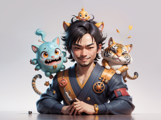 (Daisaku),(Need),(Super meticulous),(full bodyesbian:1.2),Super young man with Japanese geisha?Beautiful?orient?one tiger?Aeolian Thor?Raised sexy????Oriental face?TV Anchor?Bust portrait illustration?In black suit?a blue tie?The face is slightly chubby?The face was clean?without a beard?Black super short hair?Black eyes?Smile confidently?3C computer sub-products?iPad? iphone?Digital painting?3D character design by Mark Clairen and Pixar and Hayao Miyazaki and Akira Toriyama?The illustration is a high-definition illustration in 4K resolution?With very detailed facial features and cartoon-style visuals?