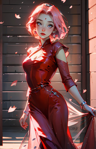 Sakura haruno, ((solo)), alone, princess, wearing a red princess dress, queen, happy, ((forehead to show)), standing, entering the church, pink hair, short hair, delicate, young, short hair, detailed face, high definition, ((full body)), (flowers around her), whole body, she is a beautiful woman, face with high quality, beautiful, radiant, high definition, delicacy, sakura haruno,  sakura, gorgeous face, sharp features, anime, sakura haruno, anime, HD, red dress, small and contoured pupils, asian eyes