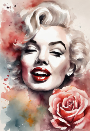 Portrait painting of Marilyn Monroe,wtrcolor style, (rose) digital art, official art, blown by the wind, masterpiece, beautiful, ((watercolor)), paint splatter, intricate detail. Great detail, [dripping:0.7], Trending on Artstation, Marilyn Monroe.