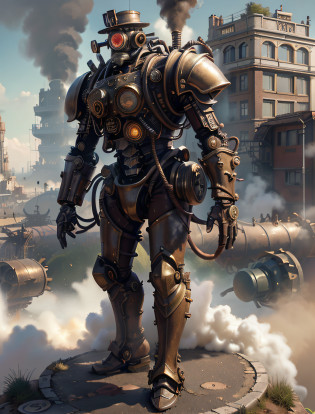 Masterpiece,melhor qualidade,fotorrealista,melhor sombra,delicado,...RAW,ultra high-resolution,Arte hiper-realista,gallery-grade work,Arte Oficial,wallpaper forced,64 mil,,ultra precision,visualmente impressionante,Obra-prima sublime,peak clarity,1 enorme cidade Steampunk,High-rise buildings covered by behemoth-like mechanical devices,show a scene of sharp contrast,Uma camada de nuvens subindo desordenadamente sobre a cidade,Huge steampunk buildings,The surface is covered with complex gears and mechanical devices,(vision,full view,corpo inteiro:1.2),(Nas paredes da cidade Steampunk,1 soldiers in strong mechanical armor.,Handheld Steam Gun,Guard the safety of the city:1.2),Steampunk,dirigible,Steam robot,