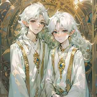 two teen age boys, (((twins))), ((they are identical twins)), (((male))), (slim body), (((flat chest))), ((pointy ears)), (((they both have white colored skin))), ((porcelain skin)), ((marble skin)), (((white-skinned))), (((white skin))), ((very pale skin)), (((black colored eyes))), (((black eyes))), ((their eye color is black)), (((their hair color is white))), (((their skin color is white))), (((both boys have white colored hair))), (((they both have white hair))), (((both boys have very long hair))), (((their hair is very long and wavy))), (((poofy hair))), (fluffy hair), (((wavy hair))), (((fantasy style))), (wearing long fantasy robes), (flowy robes), (long robe), ((wearing similar clothes)), (matching robes), (gold colored lace), (christian inspired), ((fantasy patterns on clothes)), ((magical patterns)), warm light, inside a fantasy temple, ((both boys have identical hair)), (((both boys have identical faces))), ((the two boys look extremely similar)), covered up, stars decoration, sun moon decoration, (((both boys have white colored skin like marble))), (((both boys are white-skinned))), ((they both have cute faces)), they are smiling