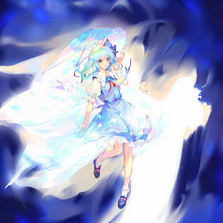 Anime girl in blue dress holding umbrella in the air, cirno touhou, cirno from touhou, from touhou, cirno, touhou character, an anime portrait of cirno, astral fairy, ethereal anime, Touhou, touhou project, zerochan art, sky witch, celestial aura, ?Ghost Wind Special Assault Team?The art of pixels