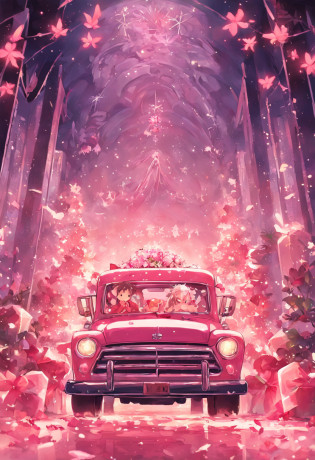 Close-up of pink pickup truck?No characters?Printed with text?OUR 1st CHRIATMAS AS Mr.&Mrs. 2023?There are flowers and bells in the surrounding area?Wedding, gyuru?marriage