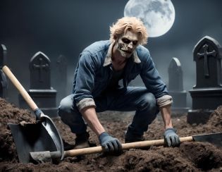 Dutch angle, A dark cinematic photograph of a handsome twentyfive-year-old alluring dirty sweaty blonde grave robber, gravedigger, wearing work gloves, jeans, (open shirt exposing hairy chest) & work-boots, (leaning on shovel next to open grave, looking at viewer, detailed realistic face, detailed realistic eyes:1.2), tombstones, mausoleums, iron fence, pile of human bones, midnight, indirect moonlight, bokeh, f1.8,  centered composition,  soft light, volumetric lighting, night, (fog:1.37), smoke, intricatezdyna_pose, 
<lora:!action-sdxl-V0.5:0.91>