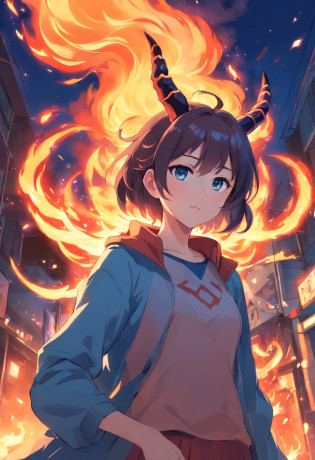 anime girl with horns and horns on her head with fire, demon anime girl, demon girl, portrait of demon girl, giesha demon, fire demon, mika kurai demon, portrait of a female demon, glowing blue ember eyes, the dragon girl portrait, blue fire eyes, detailed digital anime art, demon slayer artstyle, mara demon, fire embers, devilish
