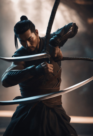 Create an artistic representation of Yasuo in your Project skin, with a futuristic aesthetic and its tech-laden blade, Kinematic, 8K realista