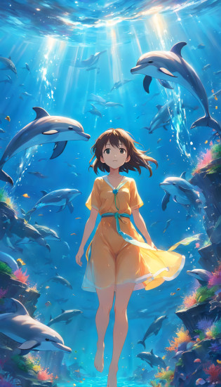 Painting of dolphins swimming in colorful ocean, Look up at the composition, Jellyfish and whales, Inspired by Cyril Rolando, A beautiful artwork illustration, author?Shitao, colorful concept art, Makoto Shinkai Cyrillo Rolando, In the style of Cyril Rolando, whale, Highly detailed watercolor 8K, highly detailed water colour 8 k?octane?the end?Realistic?8K?Estilo de Makoto Shinkai( reasonable design, ?????, High- sharpness,Best quality, Very detailed, Master parts, movie light effect, 4K )?A boy and a girl swim at the bottom of the sea?dream magical?The fish?