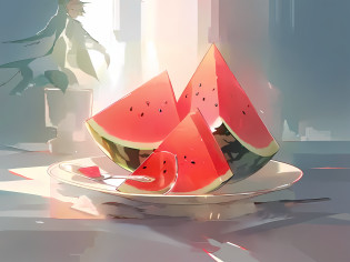 there are three slices of watermelon on a plate with a spoon, guweiz, by jeonseok lee, material is!!! watermelon!!!, by Yanjun Cheng, watermelon, by Goro Fujita, by Yang J, anime food, amazing food illustration, watermeloncore, by Eizan Kikukawa, inspired by Yanjun Cheng