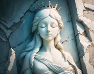((best quality)), ((masterpiece)), (detailed), Marble mural statue, (((A piece of old marble carved))) in the shape of a woman on a wall, ((cracks, dust, cobweb, spider web)), dark, particles, marble, closed eyes, crown, cracked statue, F/1.2, 85mm lens, shot with Nikon D850, detailed lighting, (((photograph, real life))), dramatic lighting, dramatic, ((ACES colorspace)), depth of field, archeological photography, cool color grading, white marble hair, white marble skin, white marble, (((no humans))), moonlight, (((cold lighting)))