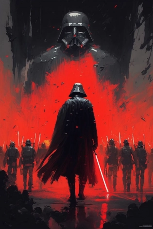 by Jakub R�zalski darth vader, incredible beautiful red light, army of stormtroopers in the background, symmetry, --ar 2:3
