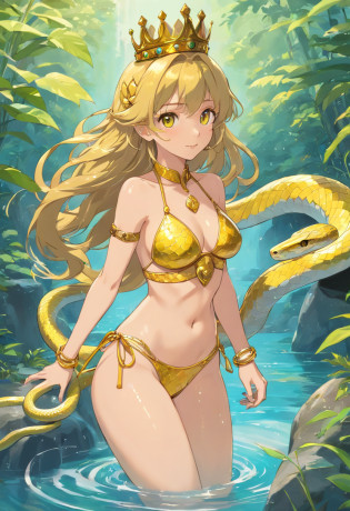 Girl, snake princess, golden scaley bikini, snake crown, snake head belt buckle, golden snake pet, swimming in river, wet,covered in water, wet hair, long hair, golden snake high heels, golden nail polish, golden bracelets, golden anklets, golden gleaming eyes