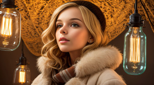 there is a GIRL CHILD 12 YEARS BLONDE CABEL SMOOTH BIG, PORTRAIT, WITH FUR COAT, a closeup of a lot of lamps hanging from a ceiling, nostalgic lighting, lamps, retro lights, some lamps, vibrant lighting, vibrant lights, various lighting climate, commercial lighting, industrial lighting, technological lights, creative lighting, lots of bright lights, cold hot lighting,  bright lamps, glass lamps, bright electric orange lights, warm lighting, nixie tubes