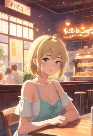 tmasterpiece?HighestQuali?anime big breast?Solo?(cygames)?European Middle Ages?A woman who is?((Perfect for female upper body))?Wear an apron and a white dress?Long neat blonde hair?Neat bangs?((Alone in the caf�))