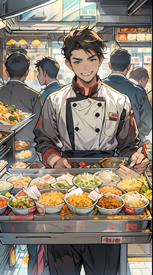 A young and promising male chef stands in front of a snack cart?His face was filled with confidence and determination?The snack cart is decorated with brightly colored signs?It is filled with all kinds of delicacies?Surrounded by bustling crowds?All were attracted by the fried rice in his hand?