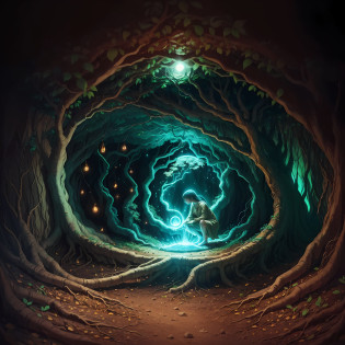 Visualize a human figure in a fetal position, illuminated in an underground cave, surrounded by the roots of a tree. How does this light affect the roots and the earth around you? How does this image symbolize rebirth? --auto --s2