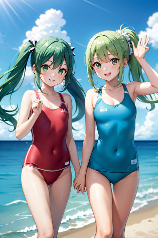 (((Masterpiece))),Superb Picture Quality,Ultra Detail,Ultra High Definition,Vacation,Wave Sound,Blue Sky,Smile,Two Shot,Twins,(1 girl),Ponytail,Green Hair,Competitive Swimsuit,Holding Up Your Hand,(2 Girls),Twin Tails,Green Hair,Competitive Swimsuit,Hold Your Hands.