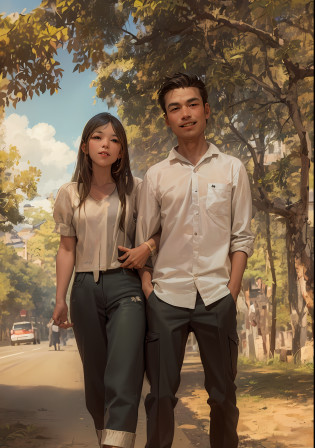 On the dirt roads in the countryside, the Chen couple wore high-end tailor-made clothes covered in mud. They held hands and walked hard step by step. In the background, the landscape and farmland in the countryside can be depicted.
