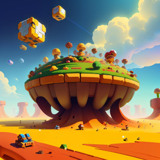an anthill in the style of Mario game, with lots of color, with powerup boxes floating around the anthill, game-like image style, ultra realistic and super lit