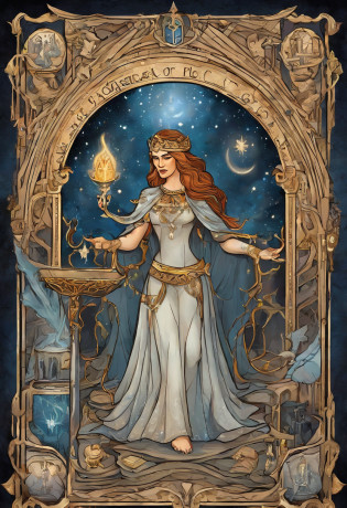 Desenhe uma pintura que interprete a Alta Sacerdotisa do Tarot, incorporating theme of 'Star vs. the Forces of Evil'. Na imagem, the character Star Butterfly is portrayed as the High Priestess, sitting on a magical and imposing throne in her castle in the Magical Dimension. She is dressed in elegant and mysterious costumes, reflecting your growing wisdom and power in the magical world.

The setting is richly detailed, with ornate pillars and an environment that evokes a magical sanctuary. No lugar dos dois pilares da Alta Sacerdotisa, are Star's magic wands, uma representando sua varinha original e a outra sua varinha Rainha Solaria. They are crossed and exude an aura of intense magic.

Ao lado de Star, are your friends, Marco, Janna, Tom and other notable characters from the series, all of them in reverent positions, representing respect and loyalty to your leadership. Instead of the veil of the High Priestess, there is a semi-open dimensional portal, showing a glimpse of different dimensions and magical realms.

Star's eyes are blindfolded, symbolizing your intuition and deep connection to the magical realm, while she holds an ancient book with mysterious inscriptions on one hand and a monarch butterfly, symbol of transformation and renewal, na outra.

A luz da lua brilha suavemente no fundo, illuminating a scroll with magical and mysterious symbols. Na base do trono, There are tarot cards scattered around, cada uma delas representando momentos cruciais da jornada de Star e os desafios que ela superou.