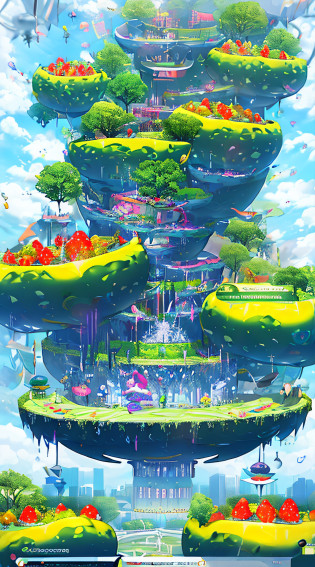 A gigantic yellow fruit, a world tree, Funassyi, Ranranruu, Chic, a butler who can't stop clicking his tongue, 77777, hitting the jackpot, a dancing prop, a fruit enveloped in a yellow translucent outline, the world tree of Kowloon, towering over 200 meters and reaching the dome's ceiling, the worm virus, gigantic tree roots, along the coastline, a big slime, executing debugging, manipulating applications, viruses, error sounds, a handshake, the surface tension of the fruit, competing emulators, Range, Robert Robert, virtual reality, high technology, competing, clones, androids, the blue Kowloon Star, a dome world, the slime's fruit, scattering flowers, bearing fruit, undergoing metamorphosis, green vine-like tendrils, countless feathers sprouting from the skin, a Kowloon world tree accompanied by a gigantic yellow fruit, moving like octopus tentacles, the proliferation of gigantic tree roots disguised as marine creatures, Range operating the application, the big slime's fruit, maintaining a constant size due to surface tension, consciousness trapped within the blue Kowloon Star, connection between the emulator mouse and ultrasonic vision, a digital signage umbrella - Hanging Umbrella, the presence of clones and androids, witnessing the world tree during a shootout, the metamorphosis of fruit-bearing flesh-like organisms