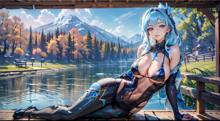 Eula Genshin Impact, Whole body, (NSTDA.:1.2), (10, beste-Qualit, master-piece: 1.4), ultra-high resolution, (lifelike, photorealistic portrait: 1.48), 25 years old, Cute Girl, (See through the microcolor bikini beetle:1.11), Famous Japanese actors, gigantic breasts, Blue Eyes, Head tilt, cowboy shot, from the side, looking at the audience, expressionless, Beautiful lake, Zeiss 150mm F/ 2.8 Hasselblad, The well in the middle of the frozen valley, Whole body, foot, Ultra-Wide Angle