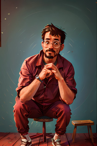 there is a man sitting on a stool with his hands clasped, with nerdy glasses and goatee, photography portrait, portait image, with glasses and goatee, portrait shot 8 k, mid shot portrait, photo portrait, studio potrait, low key lighting, by Alejandro Obreg�n, with nerdy! glasses! and goatee, editorial portrait