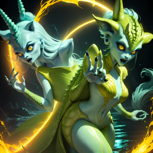 Female alien in crocodile skin, anthropomorphic avatar, large eyes, unicorn, no ears, pointed mouth, slender fingers, eyes flashing with yellow light, three hands, looks fierce, the background is a wide surface of water, flashing, glowing plants