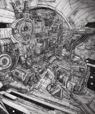 Borderlands 2 Hyperion Space Station, xtremely high detail, concept art, artstation, pen and ink line drawing, style Leonardo da Vinci