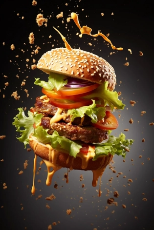 Flying food photography with [Two Burgers] as the main subject, Splashes of Toppings and Seasonings, [Rocket Lettuce], [Cheddar Flavored Cheese], [Onion], [Pickles], [Special Sauce], [Sesame Bun], [ sea salt crystals] ::3 Capturing the dynamic splashes of food using high-speed photography , photorealistic, surrealism style, [white background], trending background [clean], Minimalist ::2 [Cuware], [Table], [ Steam], [Smoke], [Vegetable Leaves], [Tomato] ::-0. 5 Ad Posters, Pro-Grade Color Grading, Studio Lighting, Rim Lights, [Layered Comps], EOS-1D X Mark III, 500px, Behance, concept art