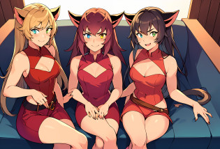 (masterpiece, best quality:1.2), cowboy shot, trio, 3girls, sisters, catra, smile, looking at viewer, sitting, crossed legs, heterochromia, colored sclera, sleeveless, bare shoulders, sitting in a row, original characters