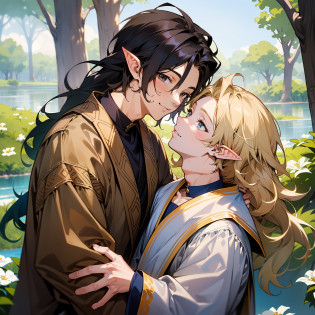 two men are hugging and kissing. (((on the left is a teenage boy))), (((the younger boy on the left has dark brown colored eyes))), (((the boy on the left has very dark brown colored eyes))), ((the boy on the left has very light blonde hair)), pale skin, the boy on the left has poofy hair, wavy hair, long hair. he has a cute face, (the boy on the left is wearing a brown choker), the blonde boy on the left has a cute face. the man on the right is slightly taller, (the man on the right has pitch-black colored hair). ((the taller man on the right has dark blue colored eyes)), the man on the right has a ponytail. both men are wearing brown clothes, (((fantasy style clothes))), they are both wearing fantasy outfits, (patterns on clothes), embroidery on clothes. both men are smiling. a lake in the background, some trees in the background, white flowers in the background, magic, ((pointy ears)).