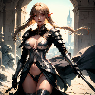 Stunning Elf woman portrait, defined face, red eyes, long shiny silky blonde hair, swallow warrior in silver armor, sexy, buttocks, raised hips, looking out window, fantasy landscape with castle, (super definition) (high detail) ( masterpiece) (photography) (depth)