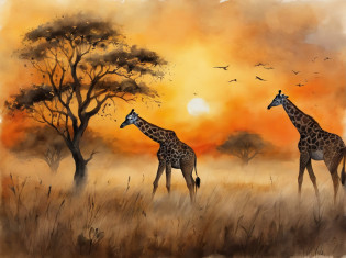 painting of two giraffes in a field with trees and sunrise, landscape artwork, african savannah, african steppe, african landscape, savannah, detailed gouache paintings, watercolor painting style, detailed watercolor painting, watercolor detailed art, oil paintings, african plains, watercolor painting , watercolor painting, watercolor on canvas, detailed paintings, watercolor art, landscapes