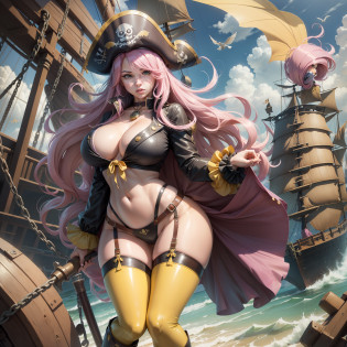 Fluttershy, Fluttershy from my little pony, Fluttershy in the form of a girl, pink hair, lush hair, long hair, blue eyes, big breasts, voluminous breasts, bulging breasts, firm breasts, pirate, pirate costume, yellow suit, pink boots on the ship, pirate hat, birds fly, yellow wings
