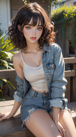 beautiful women, college girl, masterpiece, best quality, ultra detailed, photo realistic, shiny eyes, detailed face, collarbone, beautiful eyes, detailed green eyes, detailed eyeshadows, detailed eyelashes, black hair, lip gloss, pink lip, makeup, sexy legs, (attractive:1.6), (bangs:1.3), sharp focus, puffy eyes, (kpop idol:1), full body, (curly hair:1.3),(short hair:1.2), denim jacket, denim shorts (beautiful:1.5)
